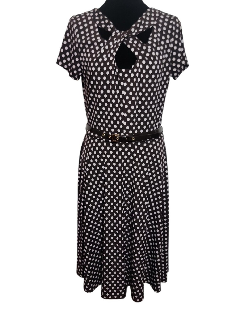 Danny & Nicole brown white po women's size 8 fit flare cutout twisted neck dress